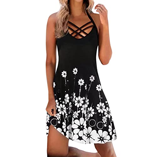 Damen Sommerkleid Blumenmuster Strandkleider Ärmellos Longshirt A-Linie T-Shirt Kleid Schulterfrei Freizeit Vestkleid sexy Sommer Minikleid Atmungsaktiv Hemdkleid von Donasty