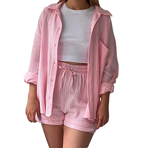 Set Damen Outfit 2 Teiler Damen Sommer Zweiteiler Freizeit Basic 2 Teilig Anzug Sommer Elegant Zweiteiler Outfit Set für Frauen Y2K Streetwear Oversize Tracksuit Set Blusen Shirt High Waist Shorts von Donasty