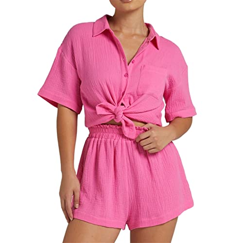 Set Damen Outfit 2 Teiler Damen Sommer Zweiteiler Hosenanzug Zweiteiliges Anzug Short Set Kurzarm Blusen Shirt und Shorts Sommer Elegant Outfit 2 Teiler Kurz Sportbekleidung Freizeitanzug Loungewear von Donasty