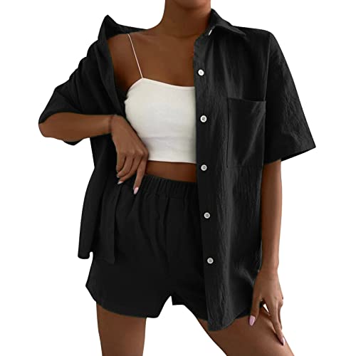 Set Damen Outfit 2 Teiler Damen Sommer Zweiteiler Hosenanzug Zweiteiliges Anzug Short Set Kurzarm Blusen Shirt und Shorts Sommer Elegant Outfit 2 Teiler Kurz Sportbekleidung Freizeitanzug Loungewear von Donasty