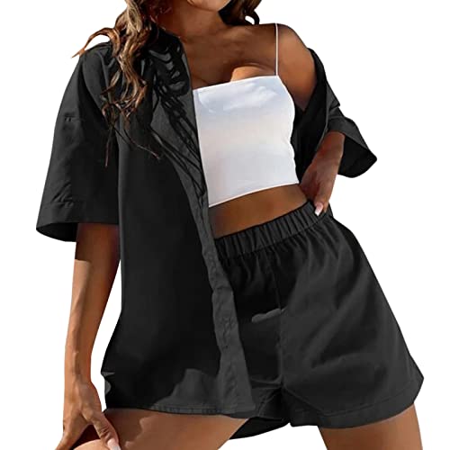 Set Damen Outfit 2 Teiler Damen Sommer Zweiteiler Hosenanzug Zweiteiliges Anzug Short Set Kurzarm Blusen Shirt und Shorts Sommer Elegant Outfit 2 Teiler Kurz Sportbekleidung Freizeitanzug Loungewear von Donasty