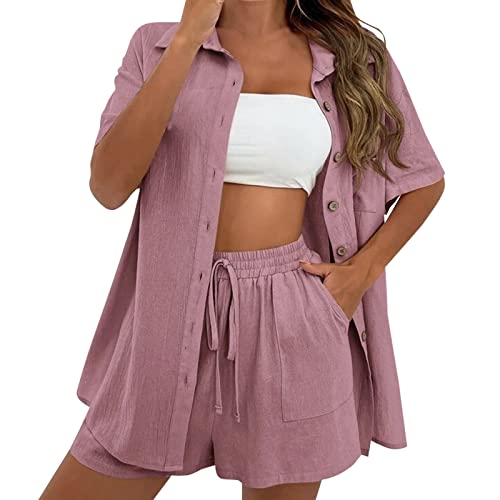 Set Damen Outfit 2 Teiler Damen Sommer Zweiteiler Hosenanzug Zweiteiliges Anzug Short Set Kurzarm Blusen Shirt und Shorts Sommer Elegant Outfit 2 Teiler Kurz Sportbekleidung Freizeitanzug Loungewear von Donasty