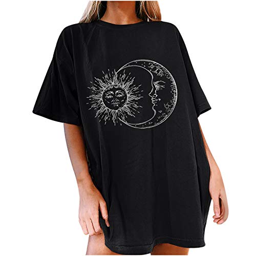 Tshirt Damen Oversize Oberteile Damen Oversized T-Shirt Sonne Mond Motiv Sportshirt Kurzarm Sport Oberteile Vintage Sweatshirt Rundhals Oberteile Teenager Mädchen Best Friends Lang Top (b-Black, XXXL) von Donasty