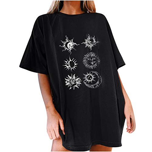 Tshirt Damen Oversize Oberteile Damen Oversized T-Shirt Sonne Mond Motiv Sportshirt Kurzarm Sport Oberteile Vintage Sweatshirt Rundhals Oberteile Teenager Mädchen Best Friends Lang Top (f-Black, XXXL) von Donasty