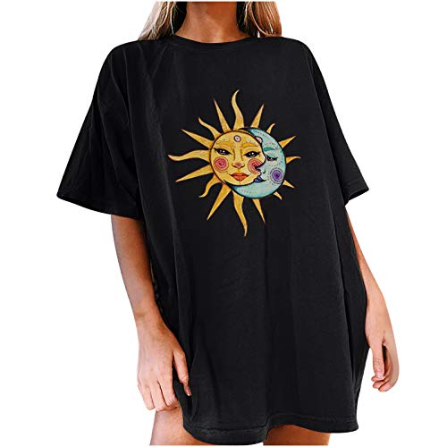 Tshirt Damen Oversize Oberteile Damen Oversized T-Shirt Sonne Mond Motiv Sportshirt Kurzarm Sport Oberteile Vintage Sweatshirt Rundhals Oberteile Teenager Mädchen Best Friends Lang Top (i-Black, L) von Donasty