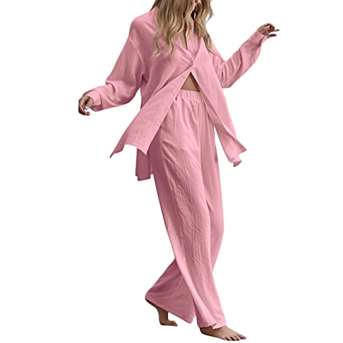 Zweiteiler Damen Sommer Plissee Set Damen Plissee Zweiteiler Outfit Elegant 2 Teiler Hosenanzug Set Frauen Langarmshirt Bluse High Waist Weites Bein Freizeithose Outfits Sommer Loungewear (c-Pink, S) von Donasty