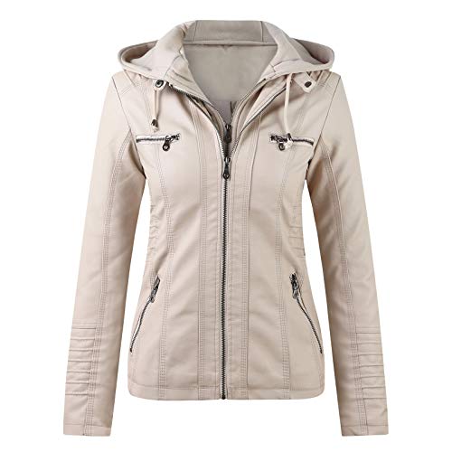 DondPO Damen Lederjacke, Reißverschluss Kurz Beige Kunstlederjacke Motorradjacke Weich Revers 3XL Lederjacke Bikerjacke Biker Motorrad Fruehling Lederimitat Jacke Leather Jacket von DondPO