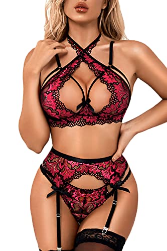 Donnalla Damen-Dessous-Set mit Strumpfgürteln, Spitzen-BH und Panty-Set, exotische Hosenträger, Set (keine Strümpfe), rosarot, Small von Donnalla