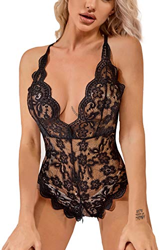 Donnalla Damen Einteiler Teddy Plunging Spitze Bodysuit Elegant Flitterwochen Dessous - Schwarz - X-Groß von Donnalla