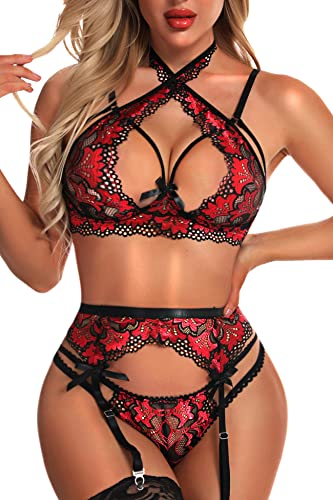 Donnalla Sexy Dessous-Set für Damen, mit Strumpfgürteln, Spitze, BH und Höschen, exotische Strapsen (ohne Strümpfe), rot, Large von Donnalla