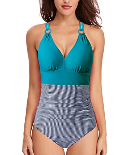 Donpapa Badeanzug Damen Bauchweg Bikini Bademode Badekleid Einteiliger Mit Shaping Effekt Push Up Monikini V Ausschnitt Triangel Grün/Grau L von Donpapa