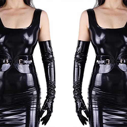 DooWay Schwarze super lange Lederhandschuhe für Frauen aus künstlichem Lack PU Sexy Oper Glänzend Paar Fingerhandschuhe Cosplay Passende, Farbe: Schwarz, 60 cm, 60 cm von DooWay