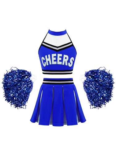 Doomiva Mädchen Cheer Leader Kostüm set Tanzbekleidung Set Crop Top und Minirock Tanzanzug Festlich Tanzkostüm Wa Royal Blau mit Poms 146-152 von Doomiva