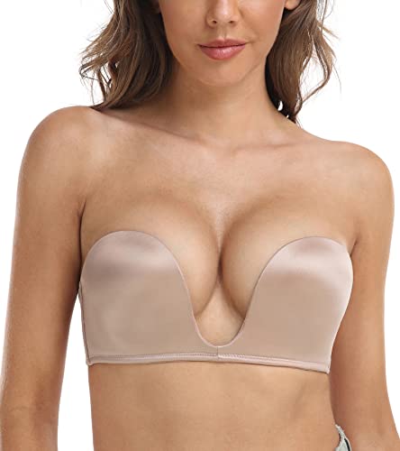 DotVol Damen Trägerloser BH Push Up Tief U Bra Gepolstert Rückenfrei Bra mit Abnehmbare Träger unsichtbar Multiway BH(70B,Beige) von DotVol