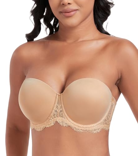 DotVol Damen Trägerloser BH Rückenfrei Ohne Träger Push Up Büstenhalter mit Geformte Cups(100D,Spitze Beige) von DotVol