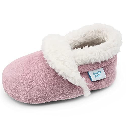 Dotty Fish Hausschuhe für Babys und Kleinkinder. Pantoffeln. Kinderschuhe. Krabbelschuh aus Wilderleder. Plüsch Warmes Fleecefutter. Hellrosa. 3-4 Jahre (27 EU) Jungen. Mädchen von Dotty Fish