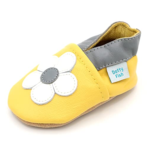 Dotty Fish weiche Leder Babyschuhe mit rutschfesten Wildledersohlen. Kleinkind Schuhe. Mädchen. Gelb Gänseblümchen. 18-24 Monate (23 EU) von Dotty Fish