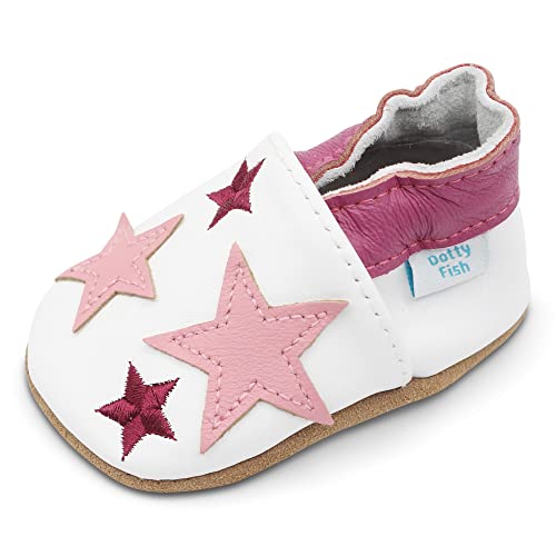 Dotty Fish weiche Leder Babyschuhe mit rutschfesten Wildledersohlen. Kleinkind Schuhe. Mädchen. Weiß und Hellrosa Sterne. 0-6 Monate (17 EU) von Dotty Fish