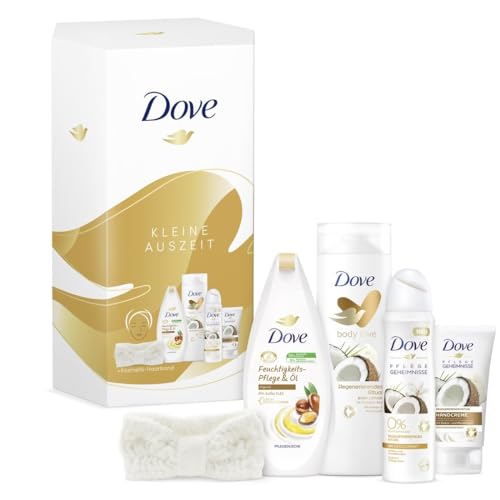 DOVE „Kokos Love“ Kleine Auszeit Kokos und Mandel, Geschenkset für Frauen mit Feuchtigkeitspflegeöl, Handcreme, Bodylotion, Deodorant und Haarband (1 Stück) von Dove