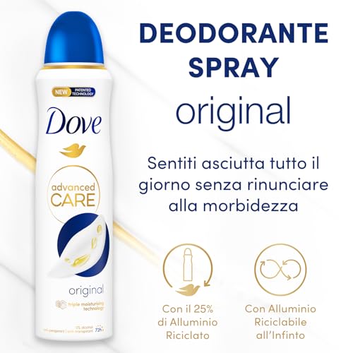 Dove Advanced Care Original Deodorant Spray mit feuchtigkeitsspendender und hautfreundlicher Formel, ohne Alkohol, bis zu 72 Stunden, Deodorant für Damen und Herren, 6 Stück à 150 ml von Dove