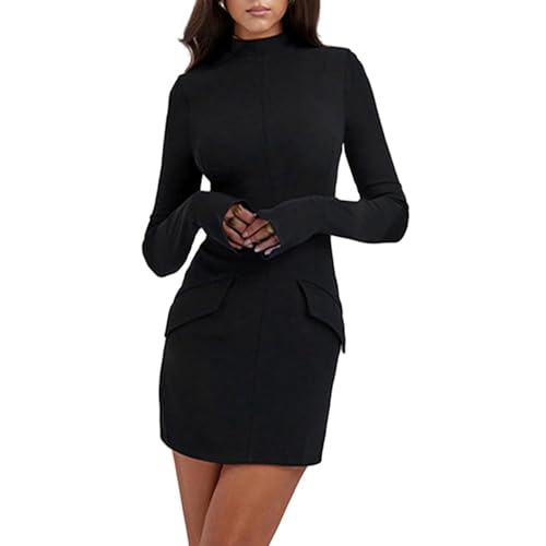 Mini-Cargo-Kleid für Damen, Wickelkleid mit hohem Halsausschnitt für Damen, Frühlings-Langarm-Minikleid (L,Black) von DraBEx