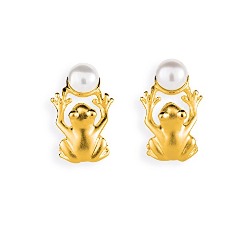 Drachenfels kleine Frosch Ohrstecker in Echtsilber goldplattiert mit Süßwasserperle/Kollektion Froschkönig/Frosch-Ohrringe für Damen/D FR 25/AGG von Drachenfels Design