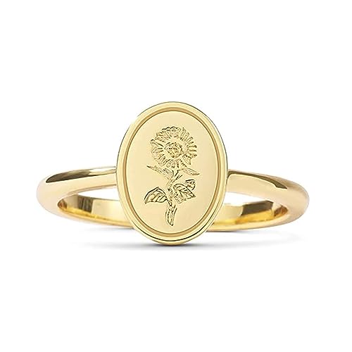 Drawelry Damen Sterling Silber Ringe:18 Karat Vergoldete Mohn Sonnenblum Blume Gravierter Siegelring für Frauen Minimalistisch Minimalistisch Schmuckgeschenk für Mädchen (54（17.3）, Gold-2) von Drawelry