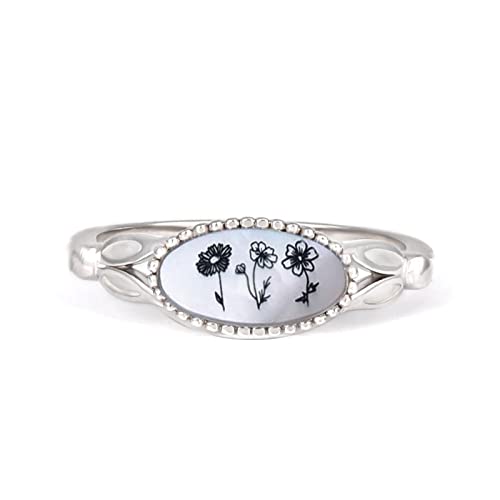 Drawelry Personalisierte Custom Ringe Damen Oval Shell Benutzerdefinierte Geburt Blumenringe Silber Eheringe Geburtsblumen Gravierte Siegel Ring Schmuck Geschenk für Frauen (Silber) von Drawelry