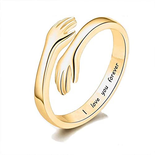 Drawelry Umarmende Hände Ringe Personalisierte Custom Namen Text Umarmender Ringe Sterling Silber Verstellbarer Öffnen Ring Anniversary Promise Schmuck Geschenk für Damen Paare Herren (Gold) von Drawelry