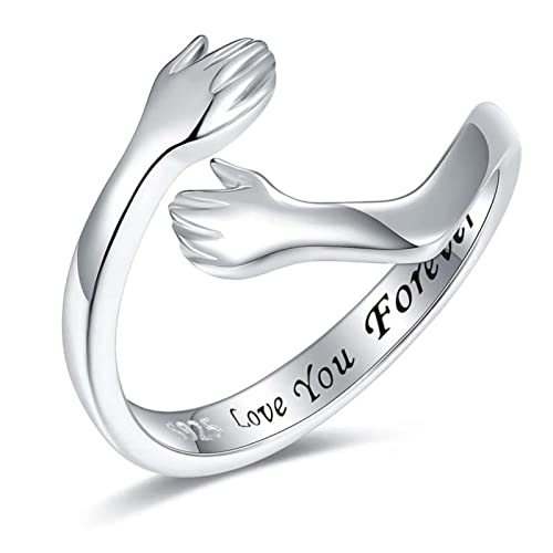 Drawelry Umarmende Hände Ringe Personalisierte Custom Namen Text Umarmender Ringe Sterling Silber Verstellbarer Öffnen Ring Anniversary Promise Schmuck Geschenk für Damen Paare Herren (Silber-1) von Drawelry