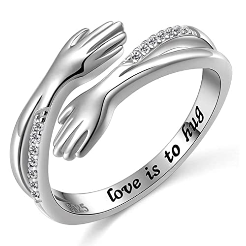 Drawelry Umarmende Hände Ringe Personalisierte Custom Namen Text Umarmender Ringe Sterling Silber Verstellbarer Öffnen Ring Anniversary Promise Schmuck Geschenk für Damen Paare Herren (Silber-2) von Drawelry