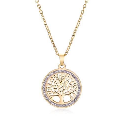 Dreamtimes Baum des Lebens Halskette für Frauen Edelstahl Gold Farbe Clear Zirkon Runde Anhänger Hals Ketten Familie Baum Mode Charme Luxus Schmuck Hochzeit Geschenk (Gold) von Dreamtimes