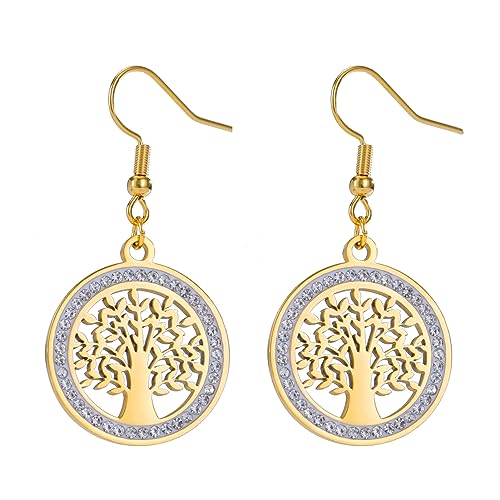 Dreamtimes Baum des Lebens Ohrringe für Frauen Edelstahl klar Gold Zirkon Runde Ohrringe Familie Baum Mode Hochzeit Geschenk Charme Luxus Schmuck (Gold) von Dreamtimes