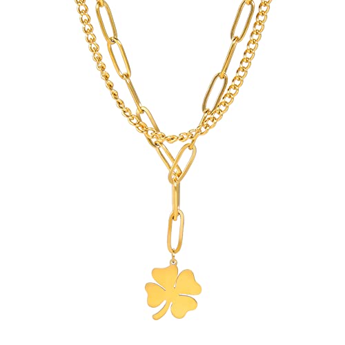 Dreamtimes Doppelketten-Halskette für Mädchen irischer Glücksbringer vierblättriges Kleeblatt Anhänger Halskette für Frauen Schichtung Büroklammer Gliederkette Blumenschmuck Geschenke (Gold) von Dreamtimes