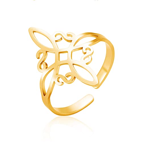 Dreamtimes Hexenknotenring für Frauen Edelstahl verstellbar offene Fingerringe keltischer quaternärer Wicca-Hexenknotenring Hexerei Amulett Schmuck Geburtstagsgeschenk (Gold) von Dreamtimes