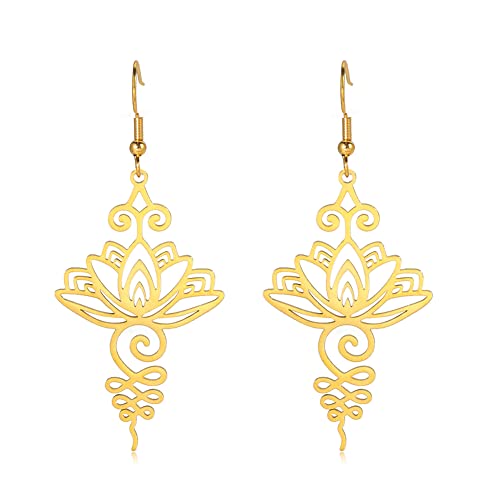 Dreamtimes Lotus Blume Dangling Ohrringe für Frauen Yoga Heilung Charms Unalome Symbol Amulett Edelstahl Schmuck Lotus Blume Buddha Yoga Ohrringe (Gold) von Dreamtimes