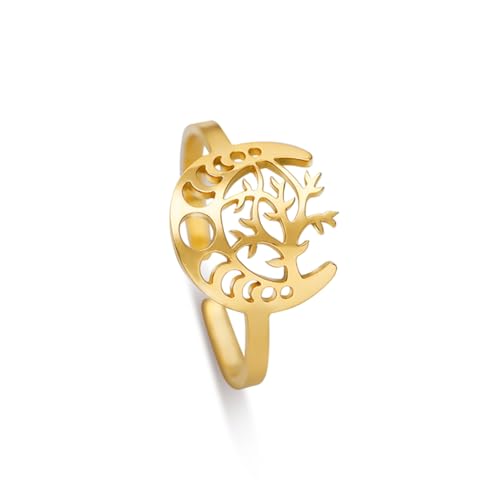 Dreamtimes Mondsichel Ring für Frauen Mädchen Einstellbare Edelstahl Offene Finger Yggdrasil Welt Baum des Lebens Ringe Wikingerschmuck (Gold) von Dreamtimes