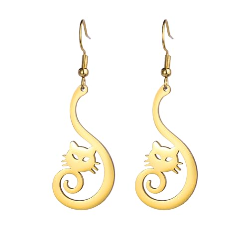 Dreamtimes niedliche Katze Anhänger Ohrringe für Frauen Tierliebhaber niedliche Tier Katze baumeln Ohrringe Cartoon Kätzchen baumeln Tropfen Ohrringe Party Schmuck Geschenke (Gold) von Dreamtimes