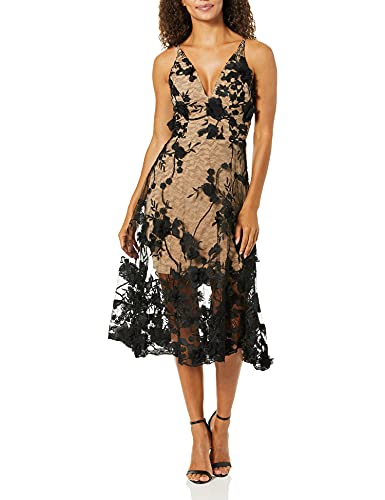 Dress the Population Damen Audrey Spaghetti Strap MIDI A-LINE 3D FLORAL Dress Kleid fr besondere Anlsse, Schwarz/Nude, X-Klein von Dress the Population