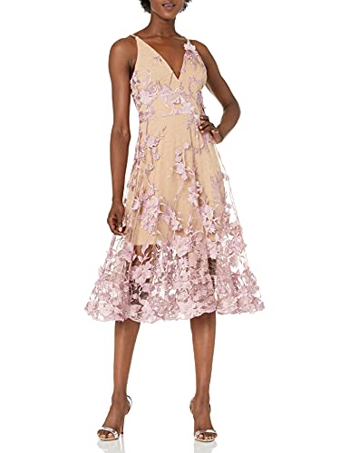 Dress the Population Damen Audrey Spaghettiträger Midi A-Linie 3D Floral Kleid für besondere Anlässe, Flieder/Hautfarben, Medium von Dress the Population