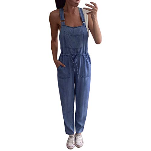 Dressin Frauen Denim Jeans Latzhosen Lange Overall aus Jeansstoff Drucken Jeans-Latzhose Ärmellos Vintage Loch Playsuits Loose fit Hose Rompers Jumpsuits mit Brusttasche Dungaree, 1- Blau, S von Dressin