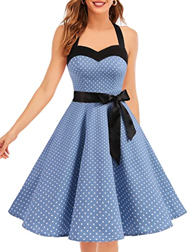 DRESSTELLS Karneval Kleidung und Kostüme Rockabilly 1950er Polka Dots Punkte Vintage Retro Cocktailkleid Petticoat Faltenrock Blue Small White Dot 2XL von DRESSTELLS