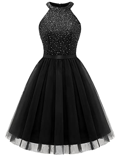 Dressystar Damen Ärmellos Cocktailkleid Kurz Elegant Pailletten Tüll Party Kleid Schwarz XL von Dressystar