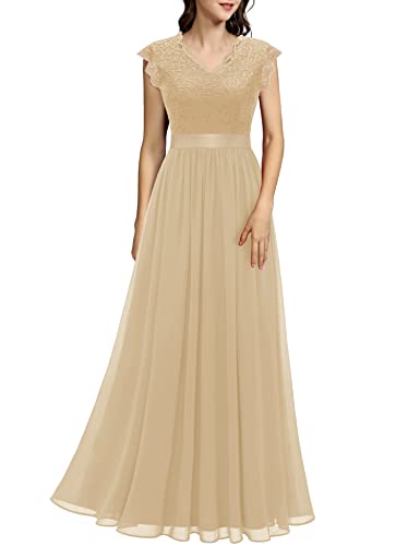 Dressystar Damen Abendkleid Lang Elegant für Hochzeit Spitze Chiffon Ballkleider Hochzeitskleider Maxikleid Spitzenkleid Champagner M von Dressystar