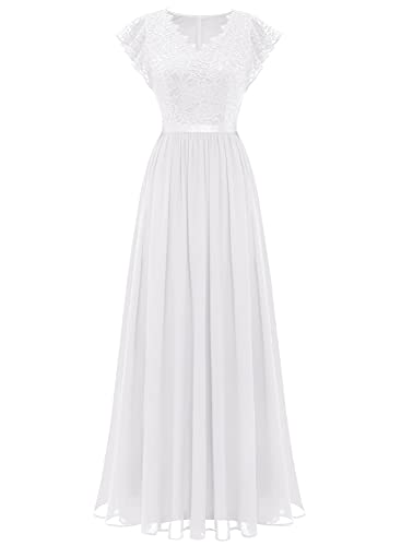 Dressystar Damen Abendkleider Elegant Hochzeit Floral Spitze Brautkleider Maxilang Chiffon Sommerkleid Weiß L von Dressystar