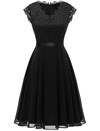 Dressystar Damen Elegant A Linie Cocktailkleid Knielang Abendkleider Spitzen Chiffon Kleid Kurz Ärmel Schwarz L von Dressystar