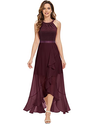 Dressystar Damen Elegant Abendkleider Hochzeit Neckholder Ballkleider Maxi Brautjunferkleid Rüschen Swing Saum Burgunderrot L von Dressystar