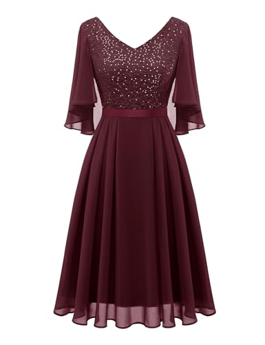 Dressystar Damen Elegant Cocktailkleid V-Ausschnitt Spitzenkleid mit Pailletten Knielang A-Linie Party Abendkleider Burgunderrot XL von Dressystar