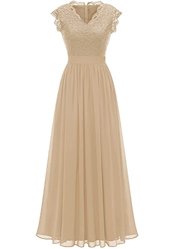 Dressystar Damen Spitzenkleid Brautjungfer Kleid Lang Chiffon Abendkleid Party Festlich Cocktailkleid Sommerkleid Champagner L von Dressystar