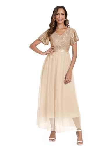 Dressystar Damen Elegant Maxikleid Pailletten Tüll Abendkleid V Ausschnitt Ballkleid Lang mit Ärmeln Champagner L von Dressystar